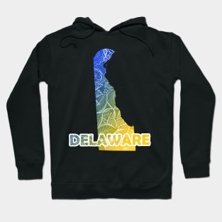 Colorful mandala art map of Delaware with text in blue and yellow Hoodie